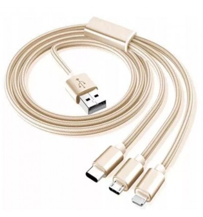 Cablu de date Incarcare rapida 3n1 USB-C / Lightning / Micro-USB Nylon 1m - Auriu