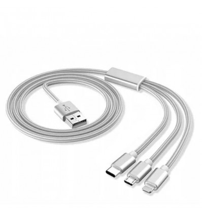 Cablu de date Incarcare rapida 3n1 USB-C / Lightning / Micro-USB Nylon 1m - Argintiu