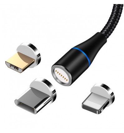Cablu de Incarcare Magnetic 3n1 USB-C / Lightning / Micro-USB Nylon 1m - Negru