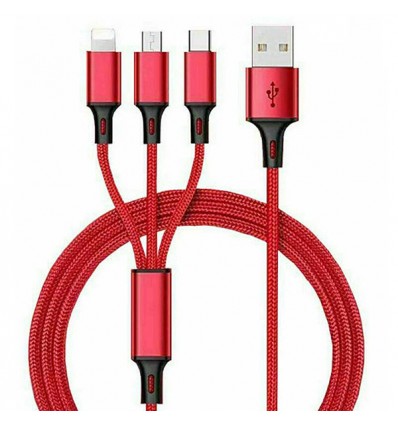 Cablu de date Incarcare rapida 3n1 USB-C / Lightning / Micro-USB Nylon 1m - Rosu