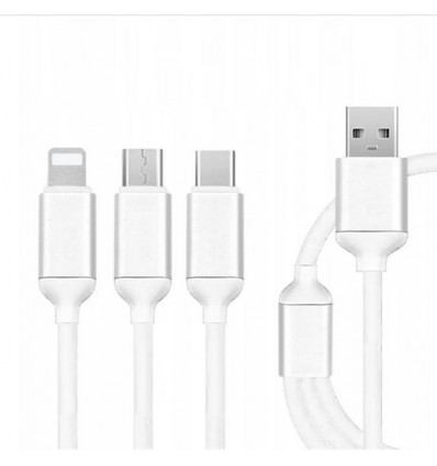 Cablu de date Incarcare rapida 3n1 USB-C / Lightning / Micro-USB Nylon 1m - Alb
